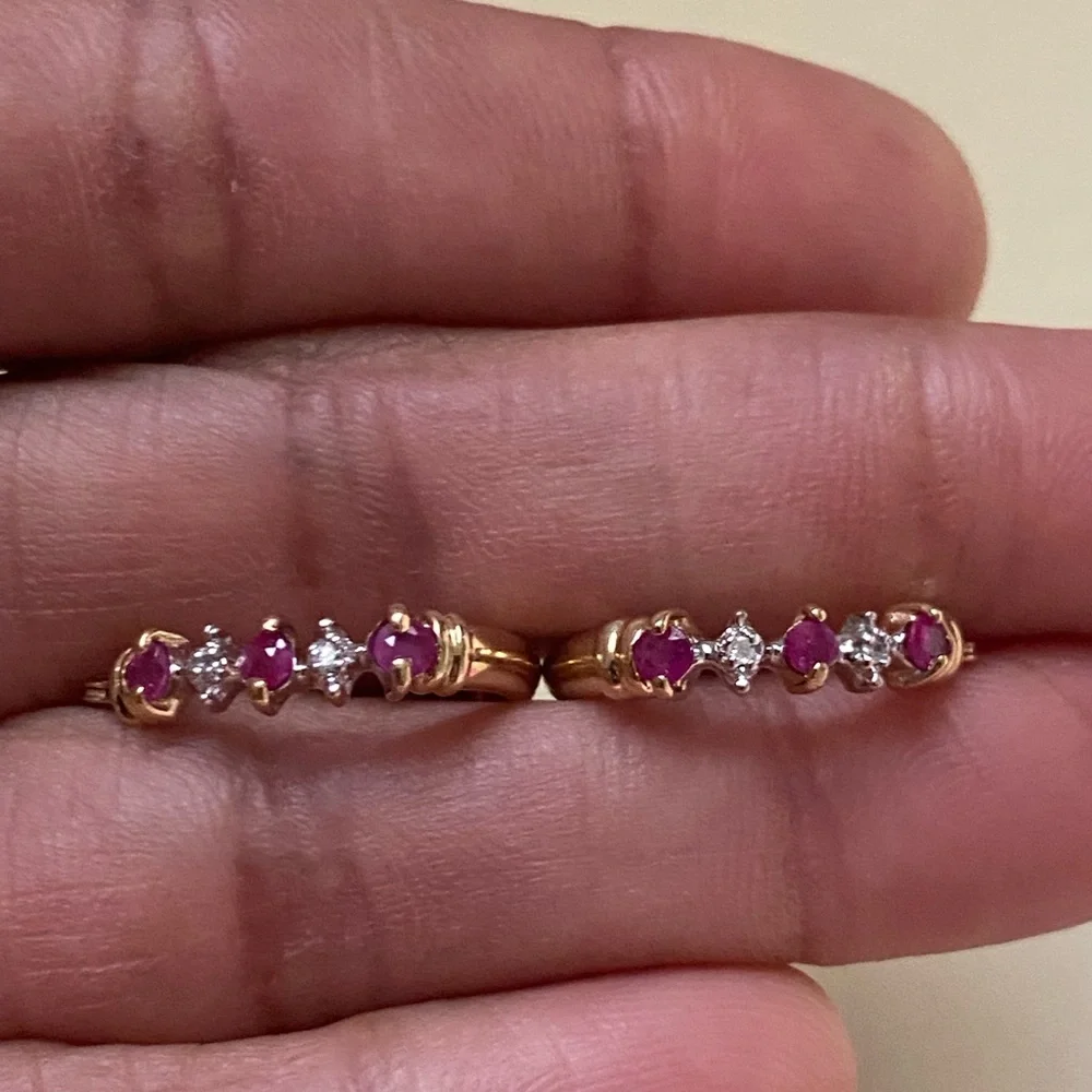 Exquisite Solid 10K Gold 2~Tiny Natural Diamonds & 3pink gemstones Hoop Earrings - Picture 5 of 9
